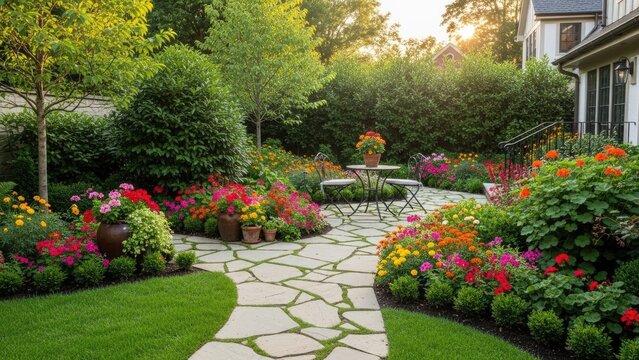 Colorful garden pathway with blooming flowers and stone patio in backyard