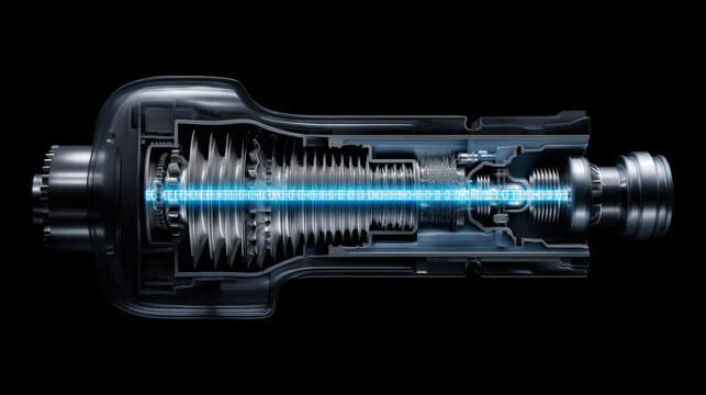 Futuristic gas turbine engine isolated on dark background representing industrial power systems, aerospace innovation, advanced machinery, and high performance engineering technology. 
