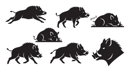 Fototapeta premium Wild boar silhouettes in various poses against a white background with a conceptual representation of nature's power
