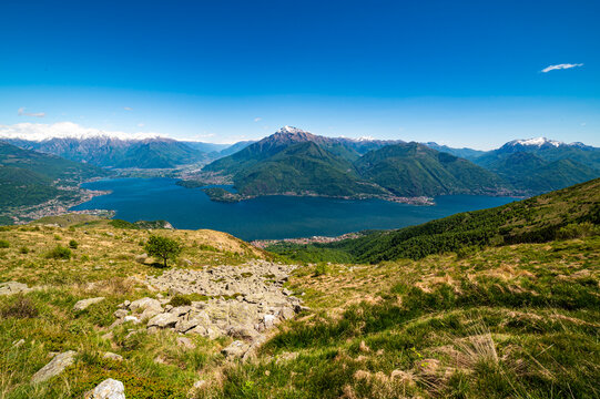 View of Lake Como, seen from Mount Bregagno, with the mountains above and the villages overlooking the lake.