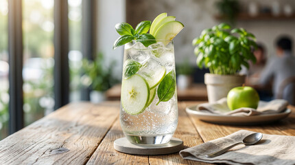 Fototapeta premium Vibrant green apple and basil spritzer with sparkling water, ice and fruit slices on a rustic wooden table — bright, refreshing non-alcoholic summer mocktail for wellness