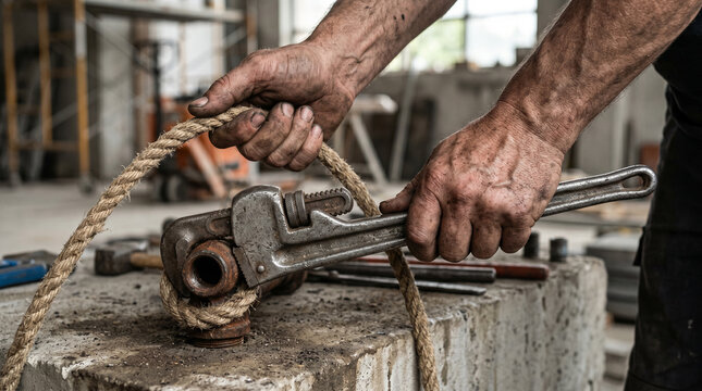 Grimy mechanic hands tightening a metal pipe fitting with a heavy duty adjustable monkey wrench, showing hard work and manual labor in an industrial setting