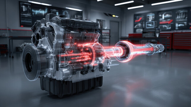 Detailed automotive engine cutaway with glowing energy flow representing mechanical engineering, automotive innovation, industrial technology, and high performance machinery systems. 