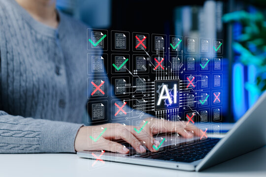 AI document review automation and validation concept. Person using laptop with AI chip, approved and rejected documents, checkmark, error flag, compliance screening, quality control, workflow accuracy