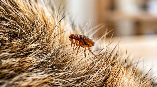 Flea parasite visible on animal fur, representing pest infestation, hygiene issues, and needing pet care treatment for animals dealing with insects