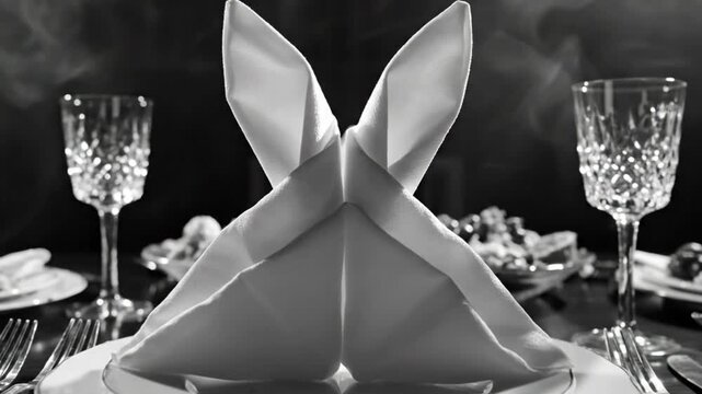 Elegant Black and White Table Setting with Artistic Napkin Arrangement for a Fine Dining Experience