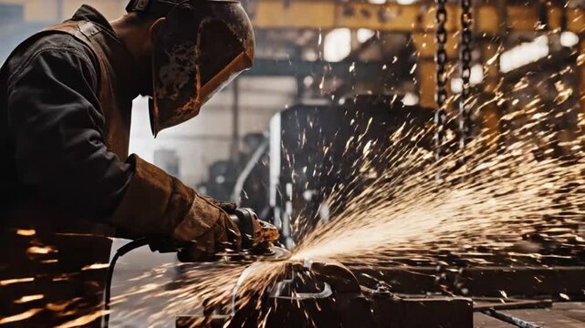 A welder in a workshop sparks as he cuts metal with precision and skill.