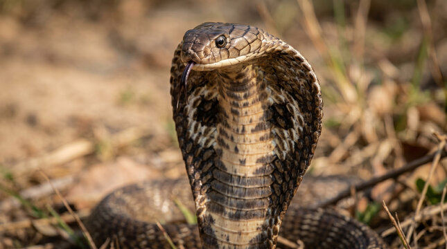 Cobra displaying a striking hood, venomous serpent with flicking bifurcated tongue sensing its surroundings, dangerous wildlife predator in natural habitat