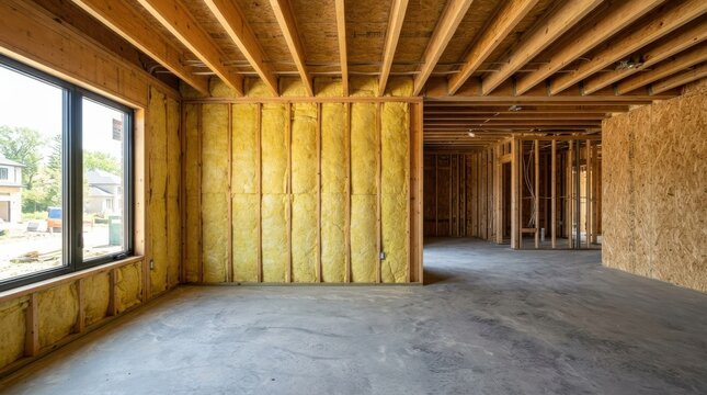 Modern Residential House Construction Interior with Fiberglass Insulation and Wood Framing for Energy Efficiency Website Banner