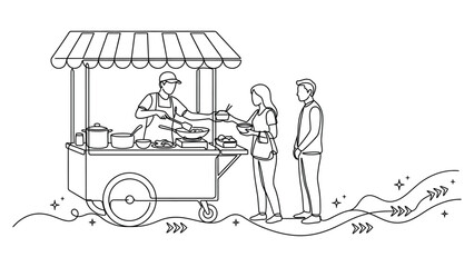 Obraz premium continuous line art People buying food from a street vendor.
