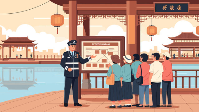 Tourist guide and group of tourists.