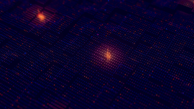 Top view on futuristic blue orange technology point wave with glowing data points. Digital AI cyberspace concept. Abstract digital wave with dots. Big data flow analysis.