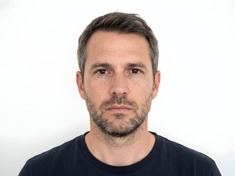 Close up portrait of a middle aged man with short hair and a neutral expression