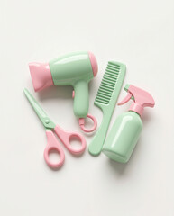 Fototapeta premium Set of professional hairdressing tools including hairdryer scissors comb and spray bottle in pastel tones