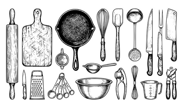 Vintage Kitchen Utensil Engraving Vector Illustration with Cooking Tool Collection