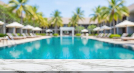 Fototapeta premium Luxury Resort Swimming Pool with Palm Trees and Lounge Chairs.