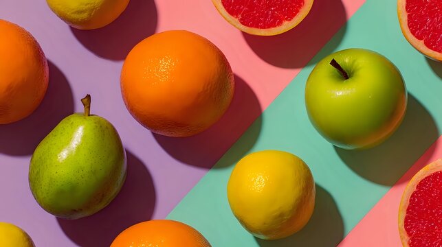 Minimalist overhead display of vibrant fruits arranged in square pattern soft shadows and diffused lighting highlighting freshness and editorial stock style clarity