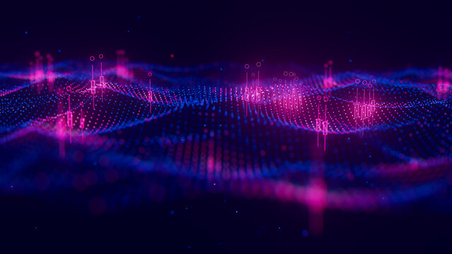 Futuristic blue violet technology point wave with glowing data points. Digital AI cyberspace concept. Abstract digital wave with dots. Big data flow analysis.