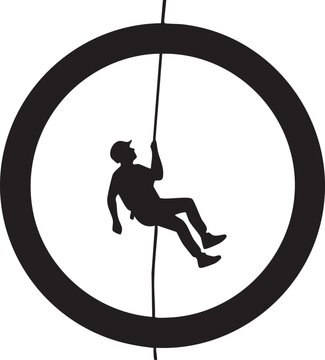 Rock climber silhouette in circular frame, abseiling man rappelling on rope vector, extreme sports and mountaineering adventure icon