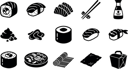 Collection of various sushi and Japanese food items and utensils © VectoLover