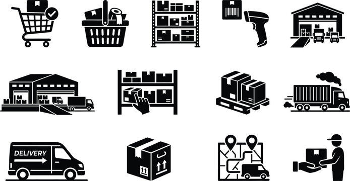 Warehouse logistics and cargo delivery icon set with shipping boxes inventory storage truck transportation and supply chain vector elements