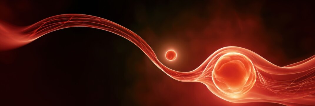 Uterine environment is prepared for embryo transfer with visible endometrium and embryo approaching the implantation site in dark background.