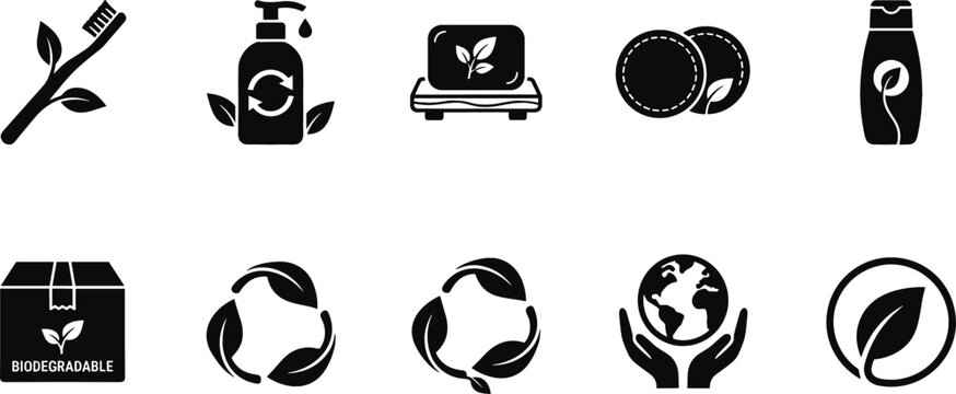 Zero waste and eco friendly bathroom cosmetics icon set with sustainable personal care products biodegradable packaging and organic labels vector elements