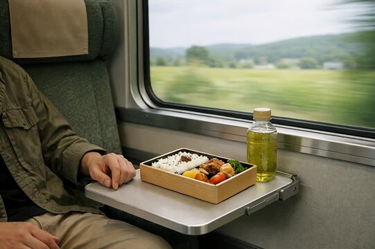 Countryside train journey with traveler enjoying bento and tea by window, peaceful regional rail travel scene for lifestyle, mobility, food editorial, and journey branding