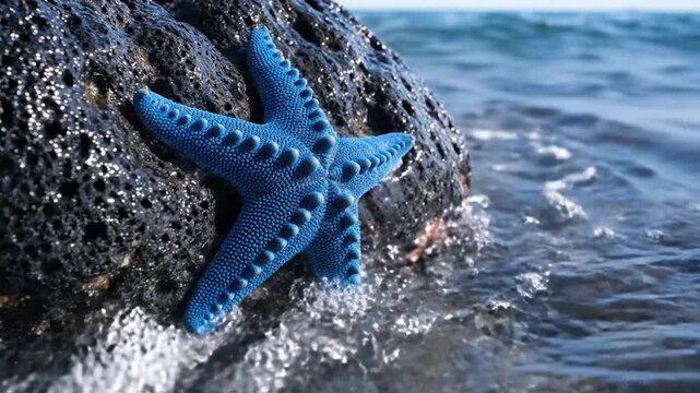 Blue Starfish Resting on a Dark Volcanic Rock with Crashing Ocean Waves in a Close Up Video Clip