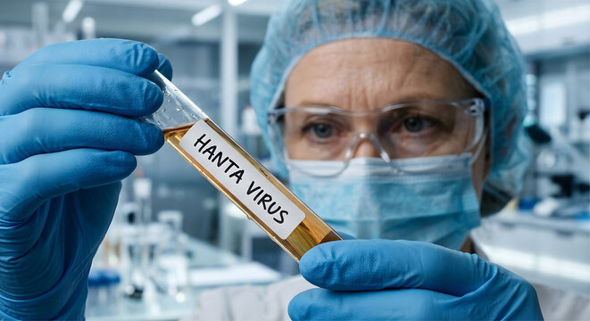 Chercheuse tenant un tube d'&eacute;chantillon avec test hantavirus en laboratoire clinique