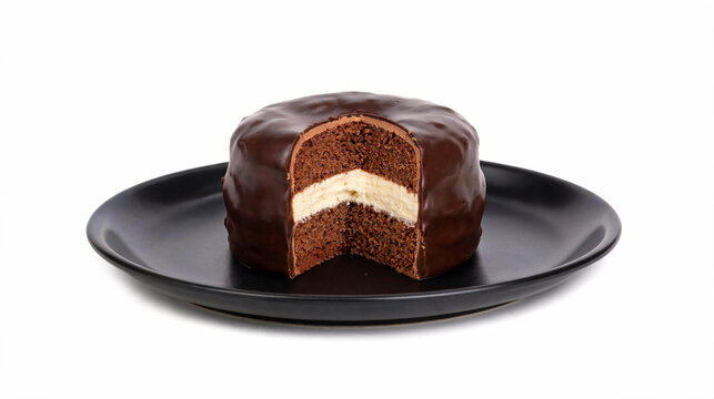 Jos Louis Style Chocolate Cake on a Black Plate, Round Cocoa Sponge Sandwich with Creamy Vanilla Filling and Dark Chocolate Coating, Gourmet Snack Dessert Interior Cross Section View.