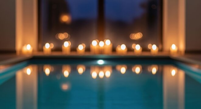 Serene Poolside Ambiance with Romantic Candlelight Reflections at Dusk.