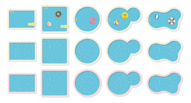 Swimming pool shapes set, various rectangular circular and curved pool designs for indoor or outdoor leisure, summer holiday vacation vector illustration elements, isolated on white background.