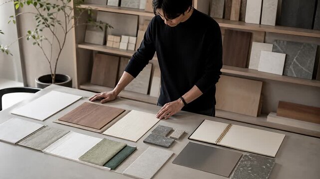 Japanese Minimal Interior Design Studio Materials Library With Cedar Veneer, Stone Tile, Linen Swatches and Premium Architecture Samples for Real Estate Branding
