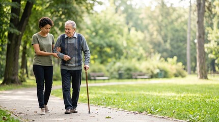 Fototapeta premium Elderly man walking with caregiver in park during sunny day 