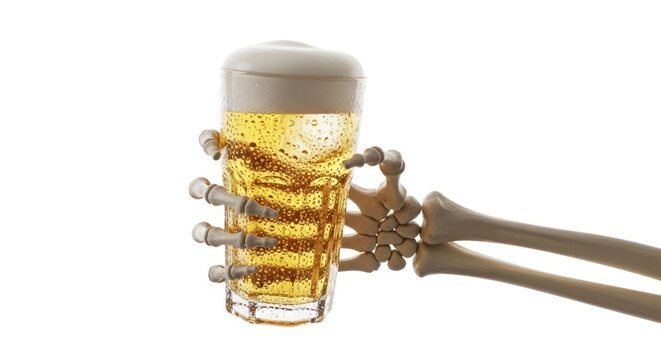 Skeleton Hand Holding a Refreshing Glass of Beer.