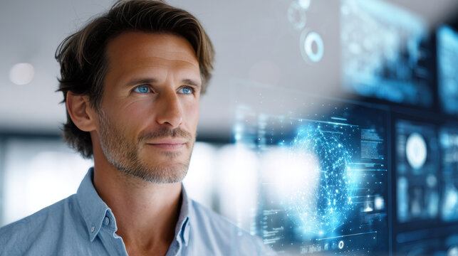 Confident businessman looking at futuristic digital interface with data visualization and holographic screens. Modern technology and innovation inspire his vision for the future