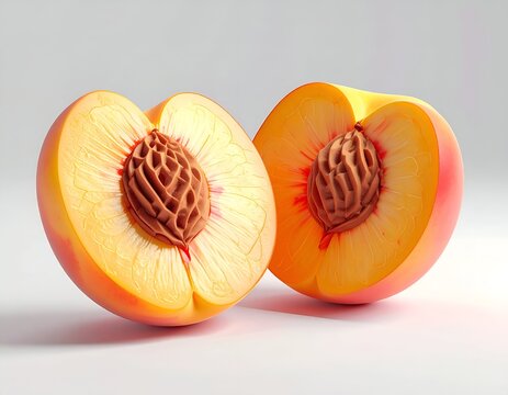Halved Peach Fruit with Seed on White Background.