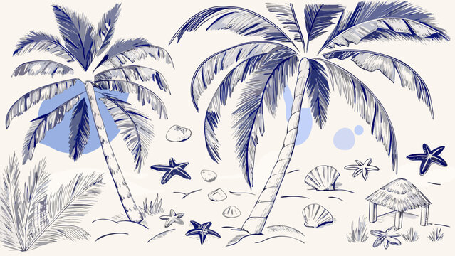 Tropical beach scene with palm trees shells and a thatched hut