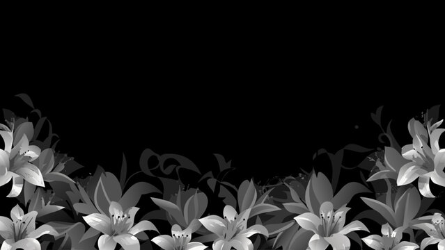 Elegant lilies bloom along the bottom edge of a grayscale image