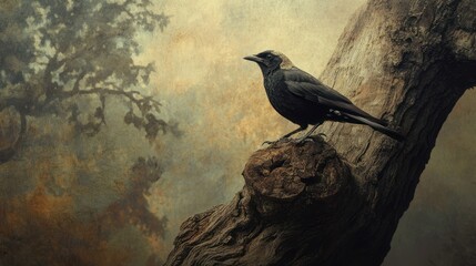 Fototapeta premium Bird perched on weathered tree branch, evocative autumnal background