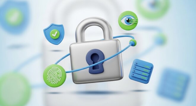 A padlock with a keyhole and a key, surrounded by green and blue icons and a blurred background.