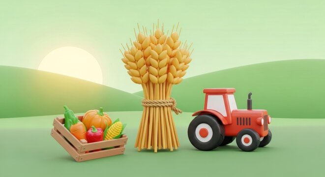 A red tractor with a large bundle of wheat and a wooden crate of vegetables on a green background.