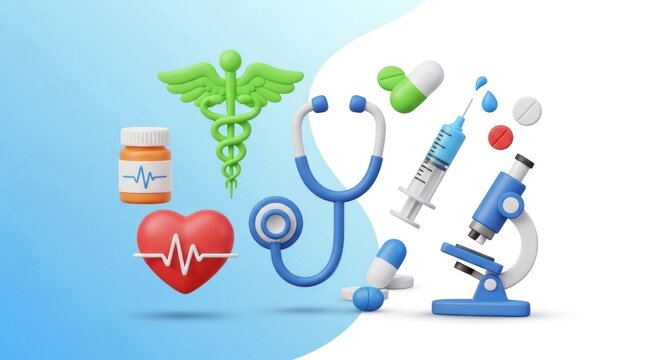 Medical icons and symbols on a blue and white background.
