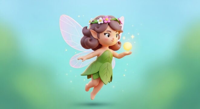 A cute, animated fairy with wings and a flower crown, flying in a green and blue forest with a yellow ball.