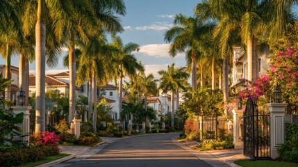 Fototapeta premium Gated South Florida Community: Palm-Lined Street and Sunlit Homes