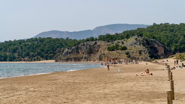 Iztuzu Beach, Turkey - May 9, 2026: View of Iztuzu Beach near Dalyan, Muğla Province, Turkey, showing the sandy coastline