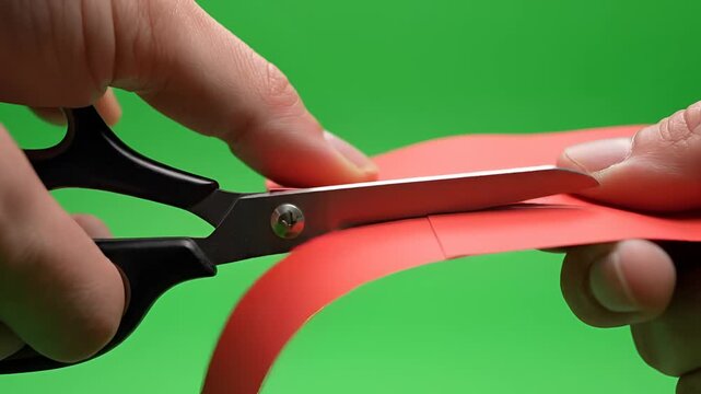 Closeup of Hands Cutting Red Paper with Scissors on Green Screen Background.