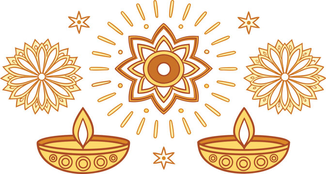 Diwali celebration with diyas, flowers, and stars festival of lights