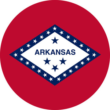 Arkansas flag sticker, icon circle. Round badge, button Flag of USA state Arkansas. State Arkansas circular flag banner.